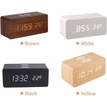 Sveglia Digitale In Legno Con Display Led Dell'ora, Ricarica Wireless Da 10 W, 3 Allarmi, Data E Temperatura, Colore Giallo.