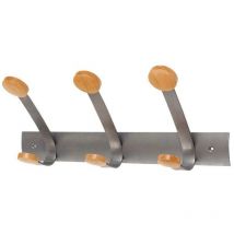 Alba Wall Coat Hooks 3 Double Pegs Silver Grey Steel/Light Wood - L46xW18x12cm