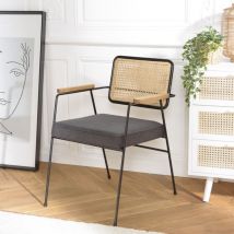 Macabane - albane - Fauteuil métal noir assise tissu gris foncé dossier rotin