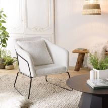 Macabane - albane - Fauteuil tissu bouclette blanc pieds évasés métal noir