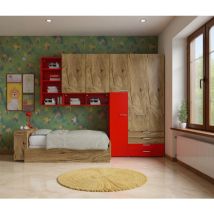 ALF361 - Demi-pont avec lit coulissant 258x361x87 (lxpxh) - Chêne et rouge