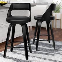 Alfordson - 2 x Thick Padded Bar stools pu Leather, Wooden Kitchen Chair, All Black