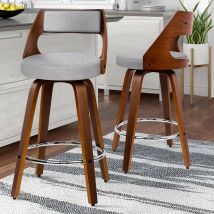 Alfordson - 2 x Thick Padded Bar stools, Wooden Kitchen Chair, Fabric Linen, Light Grey