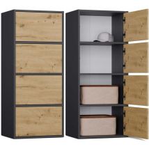 Topeshop - alma - Cómoda alta de almacenamiento con 4 puertas con apertura tip-on - Antracita y roble artesanal