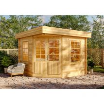 5-Eck Gartenhaus Modell Monica-28 mit Flachdach Gartenhaus aus Holz in Braun, Holzhaus mit 28 mm Wandstärke, Blockbohlenhaus mit Montagematerial