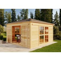Alpholz - Teehaus 360 x 360 cm Gartenhaus aus Holz, Holzhaus mit 19 mm Wandstärke Blockbohlenhaus Naturbelassen