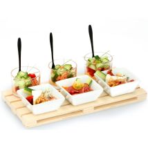 Vassoio Aperitivo Pz 10 in Legno Mini Pallet – Set Completo con Ciotole in Ceramica, Bicchieri in Vetro e Forchettine in Acciaio Inox – 30x15x2 cm