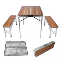 Koffertisch mit 2 Bänken Holzdesign Aluminium 90x66x70 cm Campingtisch klappbar Sitzgruppe Campingmöbel Outdoor Tisch - Wiltec
