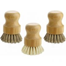Alwaysh - Palm Pot Brush, Mini Round Bamboo Dish Brush Cleaning Brush for Cast Iron Stove Pots Vegetables Kitchen Household Cleaning, 3 Pack
