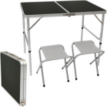 AMANKA Table de Camping pliable réglable en hauteur 90x60x70cm incl 2 Tabourets pliants format mallette Gris Foncé