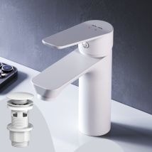 Am.pm - Badarmatur mit Pop-Up Ablaufventil für Waschbecken Wasserhahn Bad Weiss Waschtischarmatur mit Ablaufgarnitur 1 1/4 Zoll Messing Ventil Ablauf