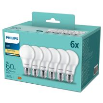 Lot de 6 ampoules led E27 8W (60W) 2700K chaud 806lm A60 Philips