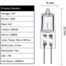 Ampoules Halogènes G4, Lampe de Base à Broche Halogène G4 12V 20W, 2800K Blanc Chaud Gradable G4 Lampe à Capsule Transparente Lot de 10 [Classe
