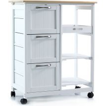 Carrito Auxiliar con Ruedas - 67x37x84cm, Encimera de Madera, 3 Cajones, Estantes Abiertos, Blanco - Carrito Cocina, Isla Cocina, Mesa Auxiliar