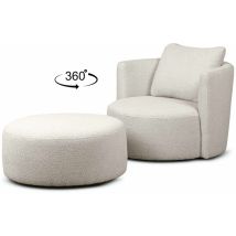 RAGGI Sessel mit Fußbank – Boucle-Stoff aus 100% recyceltem Polyester – Drehmechanismus 360 Grad – KONSIMO