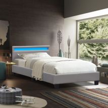 Nuits D'or - angel - Solide et Confortable Lit 90x190 avec Sommier + Tête de Lit avec Eclairage led Couleur gris + Pieds en 10 cm pour matelas en
