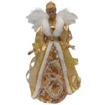 Angelo Decorativo in Tessuto Bianco e oro puntale per albero di natale h 29 vestito Elegante Pelliccia e Ricami Argentati