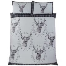 Rapport Home - Angus Stag Grey Double Duvet Cover Set 100% Brushed Cotton Reversible Checked Duvet Set - Grey
