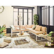 Bestmobilier - Anoha – salon de jardin d'angle en acier blanc – 5 places - coussins beige et table incluse
