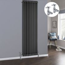 Anthracite 2 Column Traditional Cast Iron Style Radiator with Chrome Angled Cross Head Manual Valves Vertical 1800x470mm