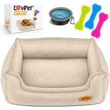 LOVPET Lit pour chien, Ecuelle + 3X Os à mâcher inclus, Coussin canapé pour chiens de petite, moyenne et grande taille, Housse amovible, Beige / L