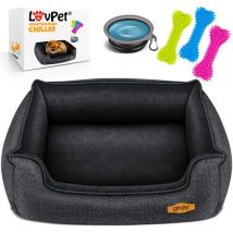 Lit pour chien, Ecuelle + 3X Os à mâcher inclus, Coussin canapé pour chiens de petite, moyenne et grande taille, Housse amovible, Anthracite / m (70