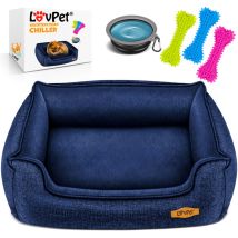 Lit pour chien, Ecuelle + 3X Os à mâcher inclus, Coussin canapé pour chiens de petite, moyenne et grande taille, Housse amovible, Bleu Marine / m (70