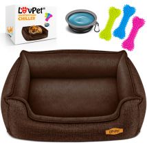 Lovpet - Cama para perros, incluye cuenco + 3X huesos masticables, Cojín de Sofá para perros pequeños, medianos y grandes, funda extraíble, Marrón /