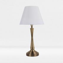 First Choice Lighting - Antique Brass Plated Bedside Table Light with Detailed Column White Fabric Shade - Antique brass plate and textured white