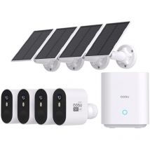 AOSU 3K Camara Vigilancia WiFi Exterior Solar con Batteria, 5MP 4 Security Camaras sin Cables, Visión Nocturna Colorida, Vista de 166°, Audio