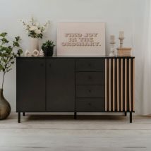 Aparador con 3 puertas y 4 cajones en negro con listones de roble 160x90H cm - Bresso