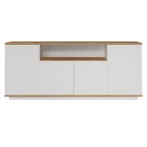 Aparador 4 puertas, 1 nicho abierto en el medio decorado en madera de pino y blanco L180 cm