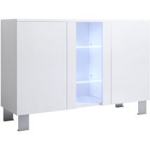 Aparador de salon con LED con patas de aluminio 12cm 2 puertas 1 vitrina Mueble de salon 120x82x40cm Modelo Luke A1 Blanco brillo