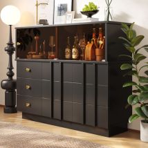 Yoleo - Aparador elegante de 120 x 33 x 95 cm, mueble de cocina, 3 cajones y 3 estantes, puertas de cristal ahumado, color negro.