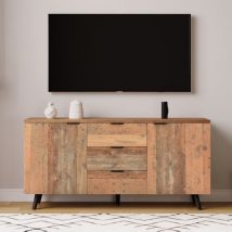 Neche - Aparador vintage marrón para tv con estantes ajustables, cómoda con 3 cajones, mueble de almacenaje para salón, 140 cm de largo x 35 cm de