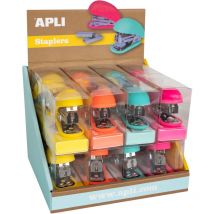 Apli - Grapadora 11-30 Hojas marca modelo Expositor de Grapadoras Fluor Collection - Tamaño 63mm - 16 Unidades en 4 Colores Intensos - Incluye 1000