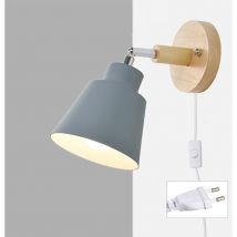 Applique murale avec prise Macaron Applique murale avec interrupteur E27 Type de lampe Bois Lampe de chevet pour salon et chambre Réglable Prise