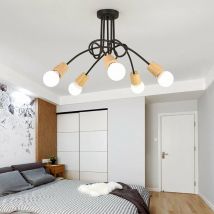 Plafonnier Lustre Vintage led Lampe de Plafond Luminaire Eclairage Décor pour Salon Chambre (5 Tête Noir et Bois) - 5 Bras, Fet et Bois
