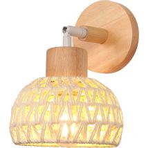 Applique Murale Intérieure 15CM Lampe Murale Réglable en Bois et Rotin Rétro E27 Luminaire Applique Vintage pour Salon Chambre (Blanc)