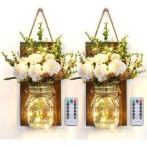 Debuns - Appliques Murales Mason Jar, Décoration Murale de Chambre Rustique avec 2 Télécommande Minuterie Fleurs Artificielles Lumières Suspendue à