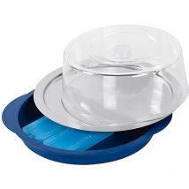 Serviertablett 35 x 4 cm (ø x h) inkl. blaue Kunststoffschale zwei Kühlakkus Frischhaltehaube aus Kunststoff Edelstahl Farbe: edelstahl