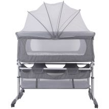 2 en 1 Lit bébé, Berceau Cododo pour Bébé, Lit bebe avec matelas de la naissance, Baldaquin suspendu avec moustiquaire, 4 Roues, Hauteur Réglable