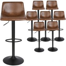 Aqrau - Lot de 8 Tabouret de Bar Rétro Vintage ,Tabourets de Cuisine en Cuir Chaise Haute, avec Dossier et Repose-Pieds, Style Industriel Marron