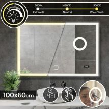 Aquamarin - Espejo de Baño led – 100 x 60 cm, cee a++, Regulable, 3 en 1, Luz Fría, Neutral, Cálida, Reloj Digital, Sensor Táctil - Espejo Tocador,