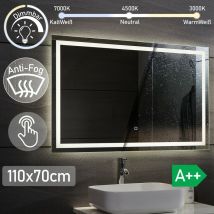 Aquamarin - Espejo de Baño led - 110 x 70 cm, Antivaho, Regulable, Clase de Eficiencia Energética a++, Ahorro de Energía, Función de Memoria - Espejo