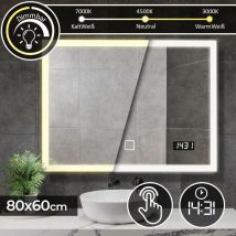 Aquamarin - Espejo de Baño led – 80 x 60 cm, cee a++, Regulable, 3 en 1, Luz Fría, Neutral, Cálida, Reloj Digital, Sensor Táctil - Espejo Tocador,