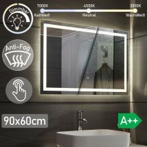 Aquamarin - Espejo de Baño led – 90 x 60 cm, Antivaho, Regulable, Clase de Eficiencia Energética a++, Ahorro de Energía, Función de Memoria - Espejo