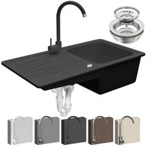 Aquamarin - Fregadero de Cocina - de Granito, 1 Seno, con Sifón, Grifo, Escurridor Reversible y Set de Desagüe, Integrado o Empotrado, 76 x 46 cm,