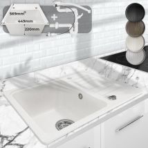 Aquamarin Fregadero de Cocina - de Granito, con 1 Seno y Escurridor Reversible, Set de Desagüe, 57 x 45 cm, Integrado o Empotrado, Blanco - Lavabo