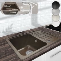 Aquamarin - Fregadero de Cocina - de Granito, con 1 Seno y Escurridor Reversible, Set de Desagüe, 57 x 45 cm, Integrado o Empotrado, Marrón - Lavabo